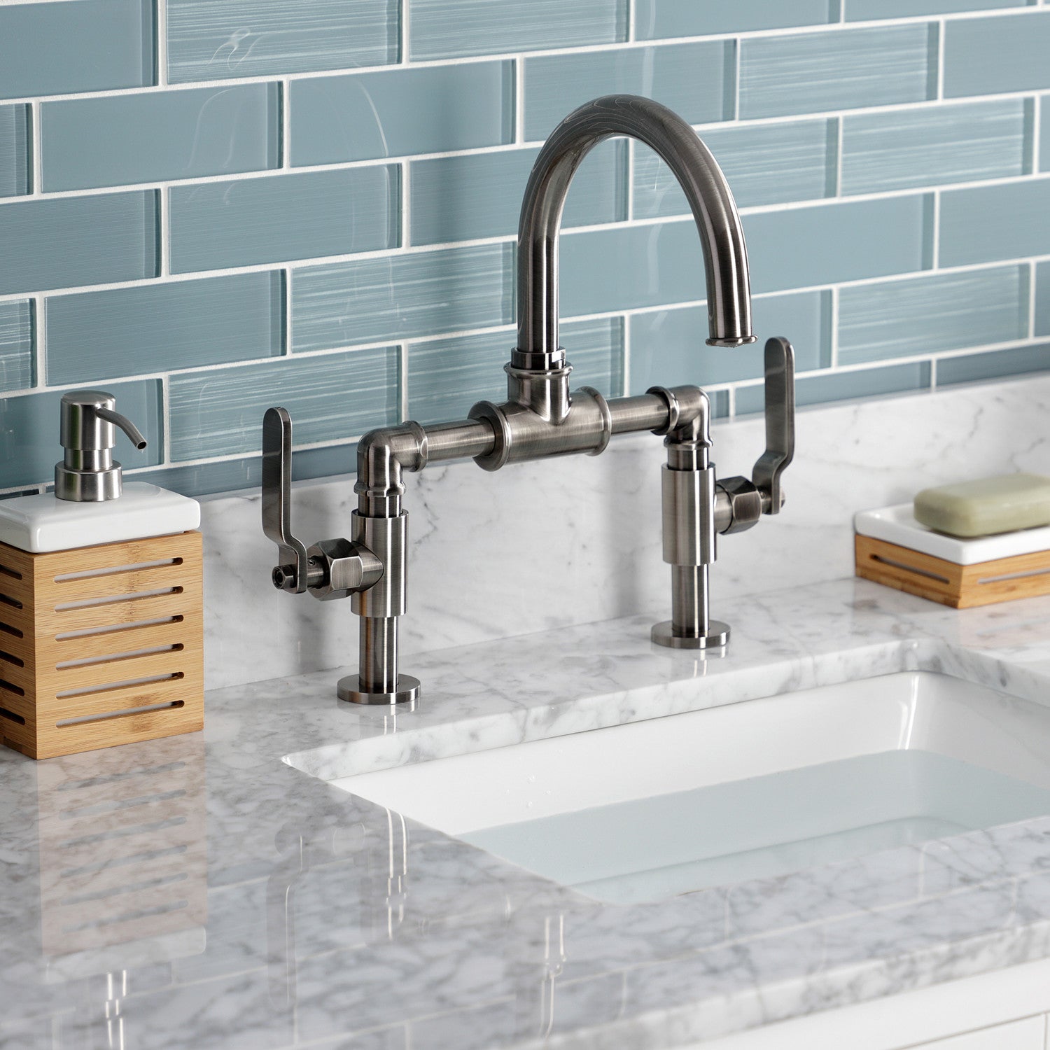 Kingston Sona KS217KLVN - Whitaker Two-Handle 2-Hole Deck Mount Bridge Bathroom Faucet with Push Pop-Up Drain, Black Stainless — thumbnail 2